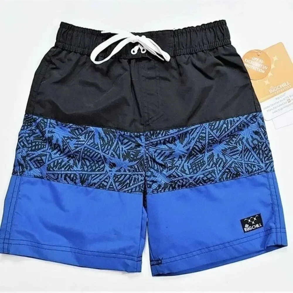 New Big Chill Boy's Palm Tree Print Color Block UPF 50 Board Beach Swim Shorts